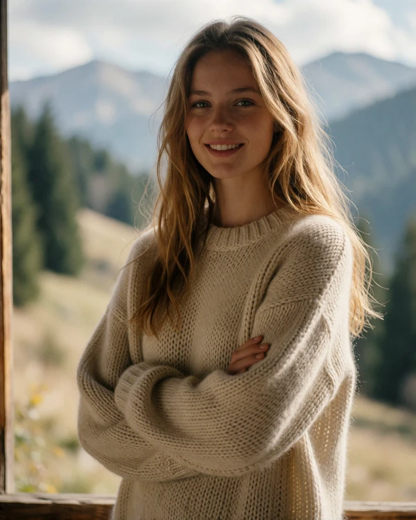 Slovakian woman in a cream knitted sweater standing before an alpine valley