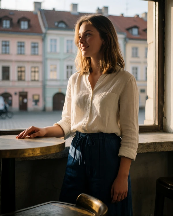 Polish woman with light brown hair at a café table in a pastel old-town square