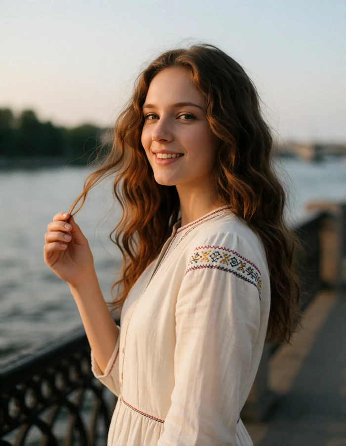 Chestnut-haired Slavic woman in a cream dress lifting a strand of hair on a river embankment