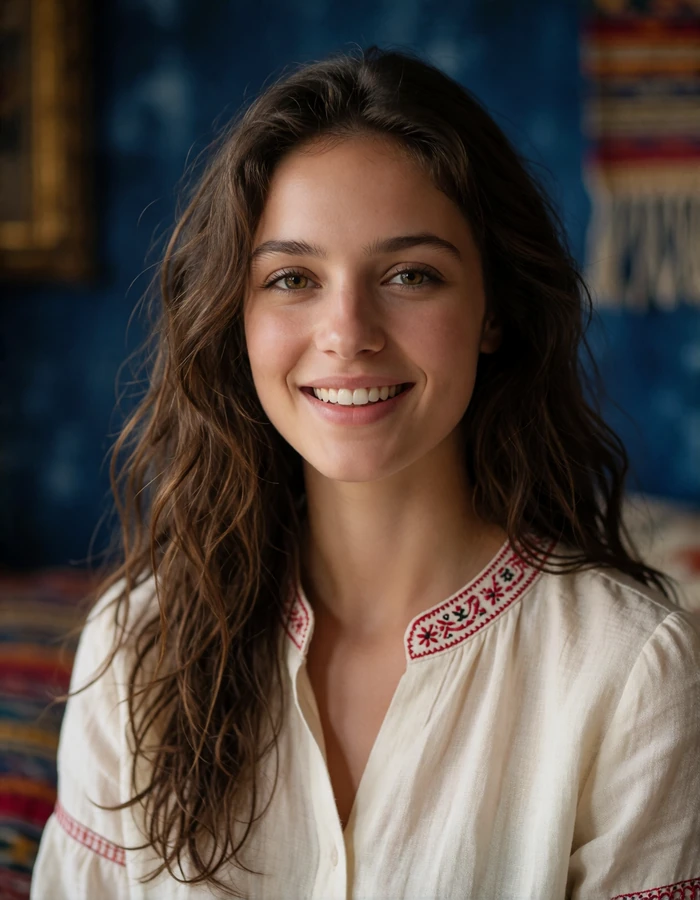 Brunette Slavic woman with long waves smiling in an ivory blouse with crimson folk stitching
