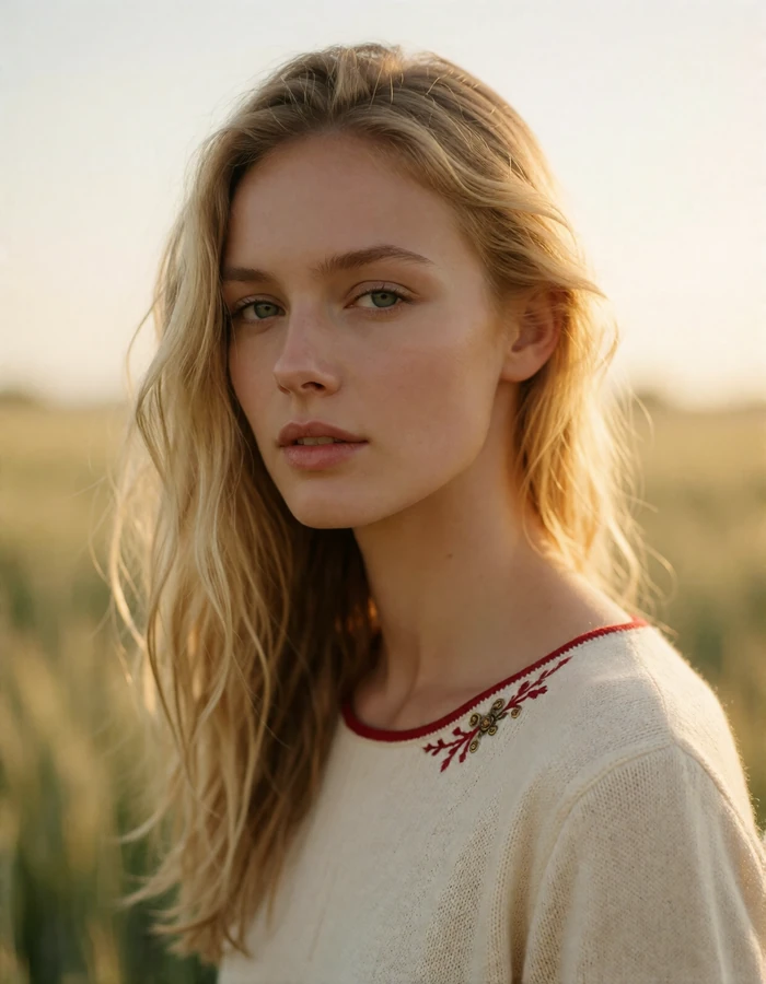 Light-blonde Slavic woman in a cream knit top backlit by golden hour sunlight in an open field