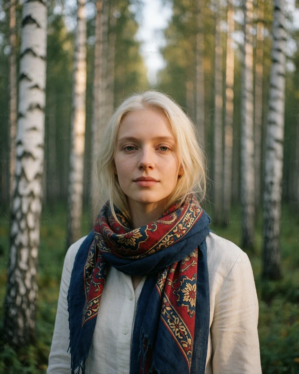 Belarusian woman with pale blonde hair and a linen scarf in a birch forest