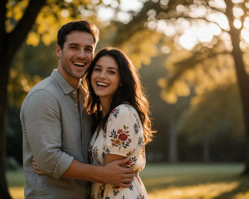 Couple in their thirties laughing together in a sunlit summer park with golden bokeh behind them