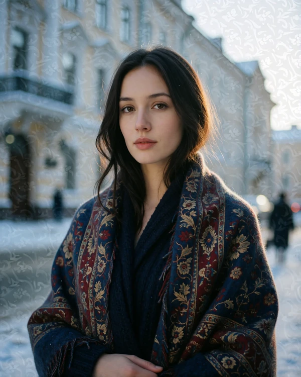 Russian woman with long dark hair and a woollen shawl on a pale winter city street