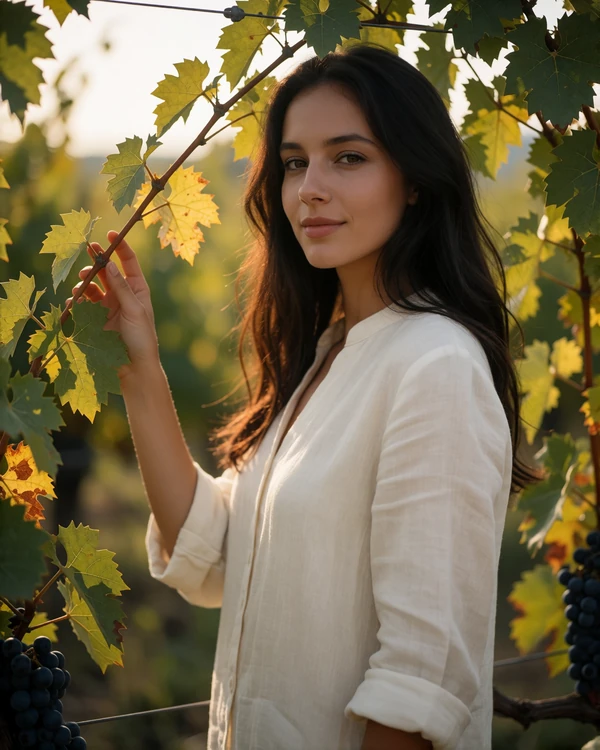 Moldovan woman with long dark hair among vine leaves in a sunlit vineyard