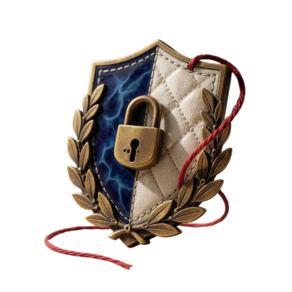 Heraldic shield with indigo enamel, quilted ivory panel, a brass padlock and a laurel wreath wrapped in crimson thread