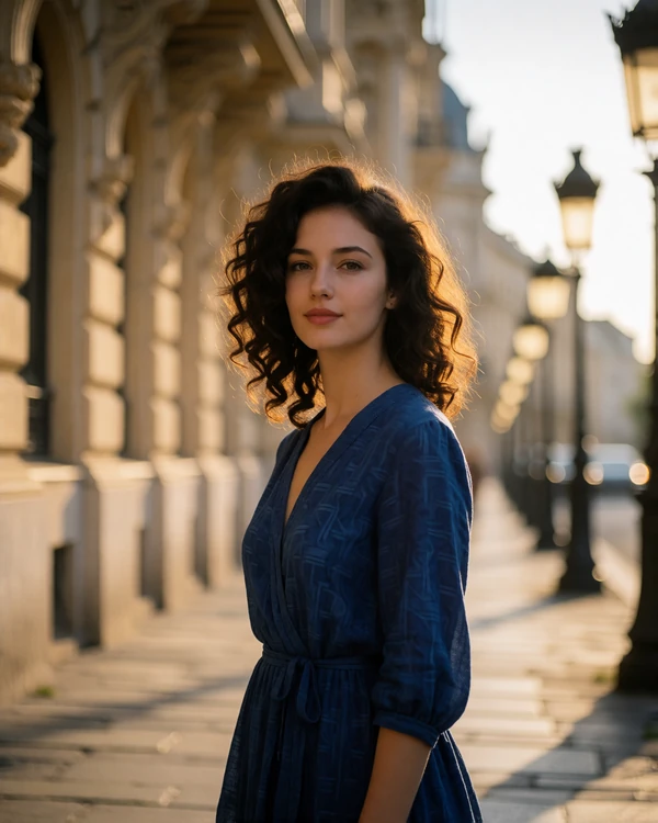 Romanian woman with dark curls in an indigo dress on a boulevard with belle-époque facades