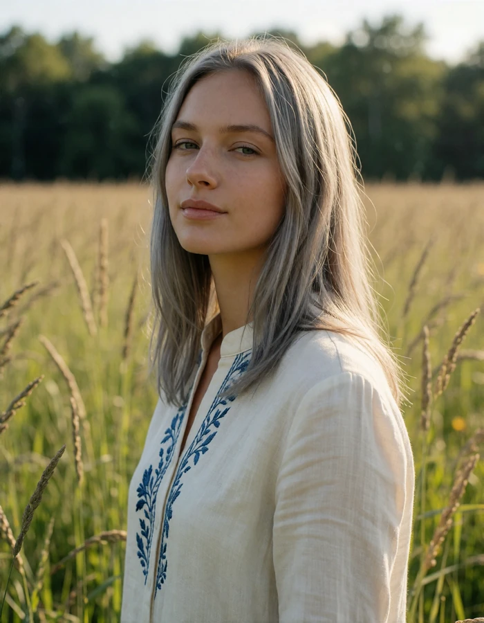 Ash-blonde Slavic woman in a pale linen shirt standing in a sunlit summer meadow