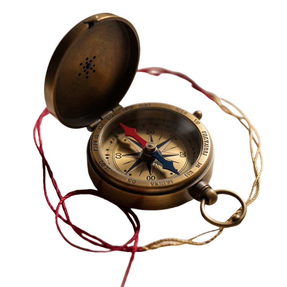 Antique brass pocket compass with a red and navy compass rose, wrapped in loose crimson and gold thread