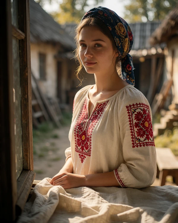 Ukrainian woman in a floral head wrap and embroidered blouse in a sunlit village courtyard