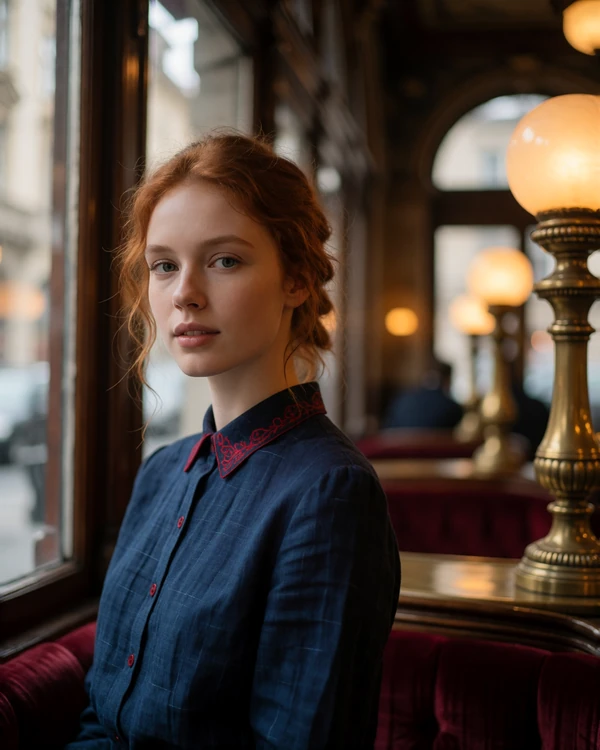 Hungarian woman with red-brown hair in an indigo blouse inside a grand café with brass fittings