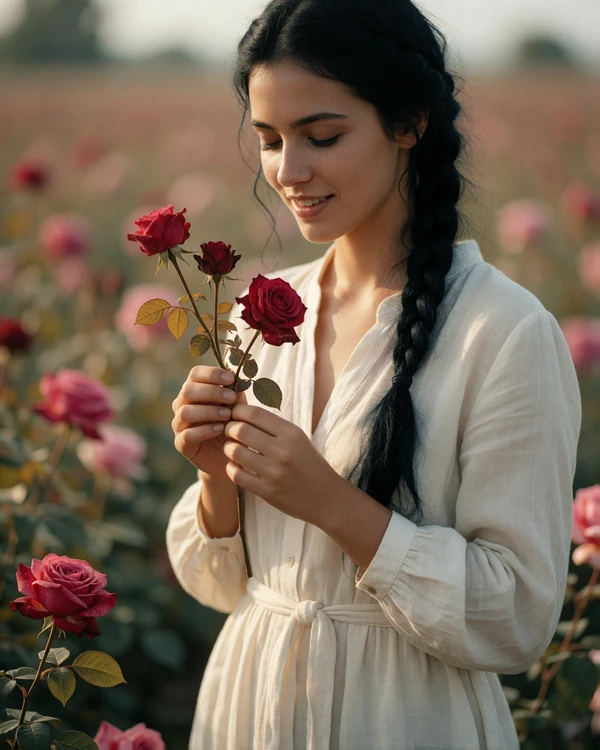 Bulgarian woman with braided dark hair holding a sprig of roses in a rose field
