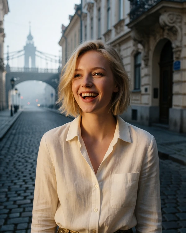 Czech woman with a short blonde bob laughing on a cobbled street with baroque facades