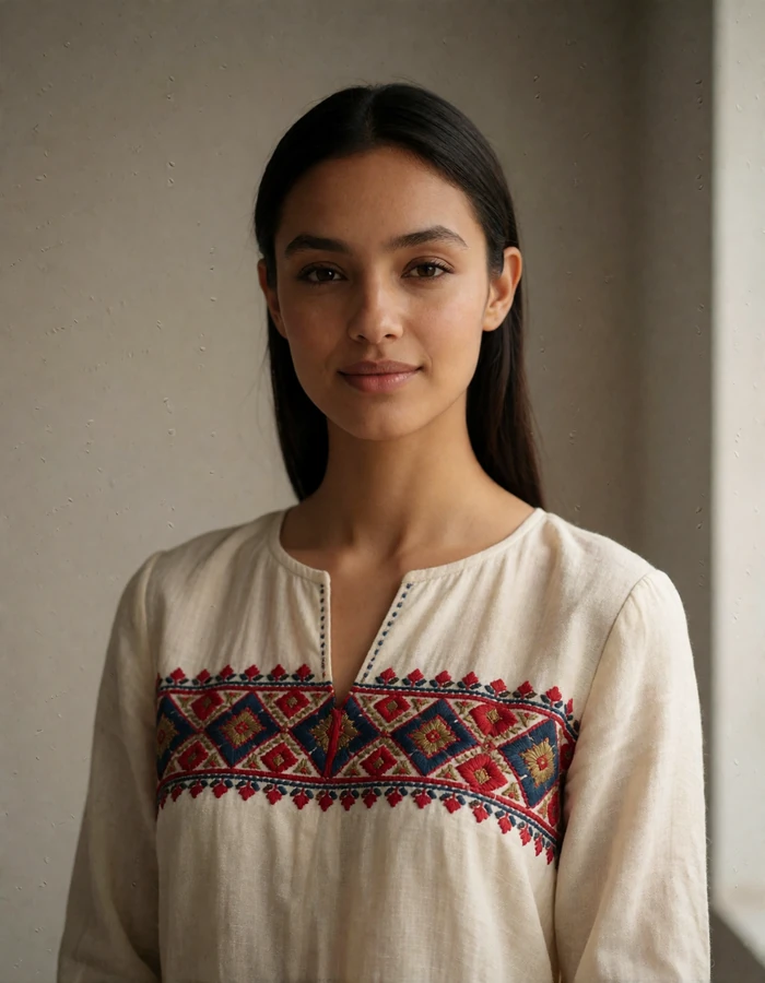 Dark-haired Slavic woman in an embroidered ivory blouse photographed against a plain warm-grey backdrop