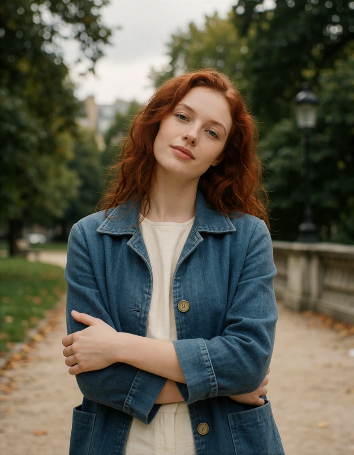 Auburn-haired Slavic woman in a dusty indigo jacket standing on a city park path