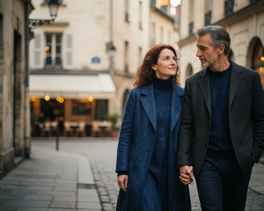 Couple in their forties walking hand in hand along a European old-town street with pale stone facades